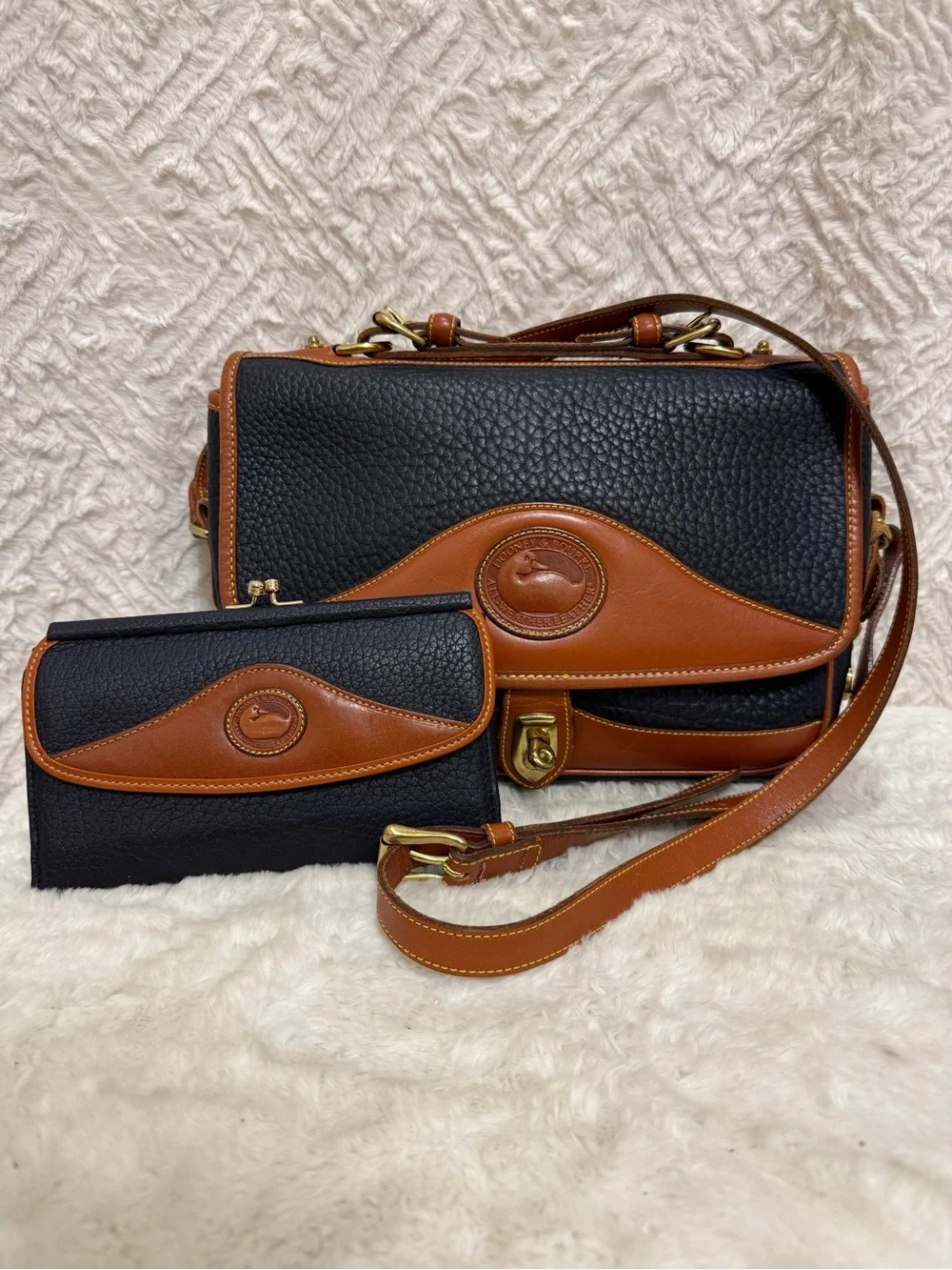 Vintage Dooney & Bourke Navy and Brown Leather Crossbody Bag with Wallet